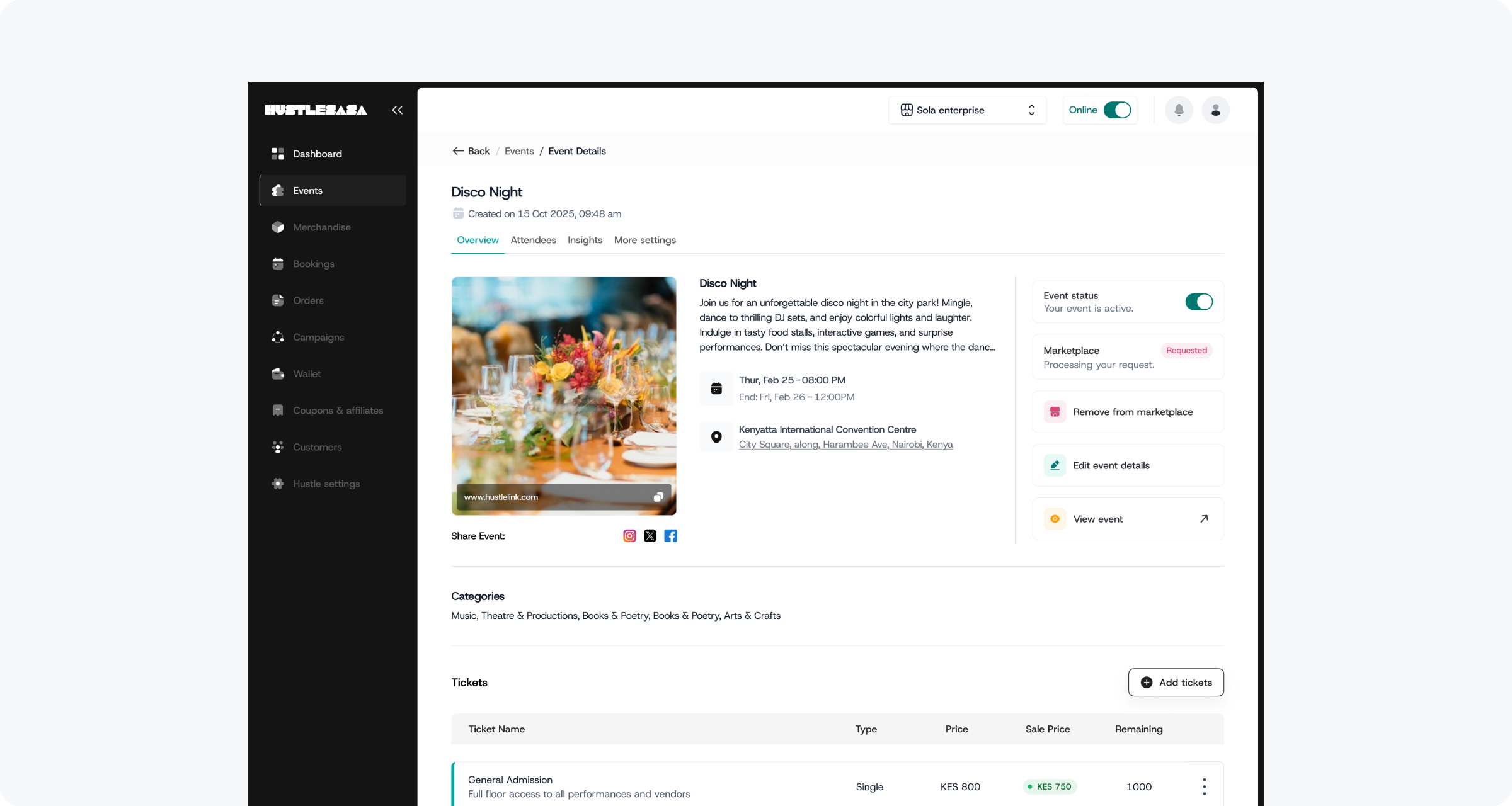 Event Dashboard with complimentary ticket in list